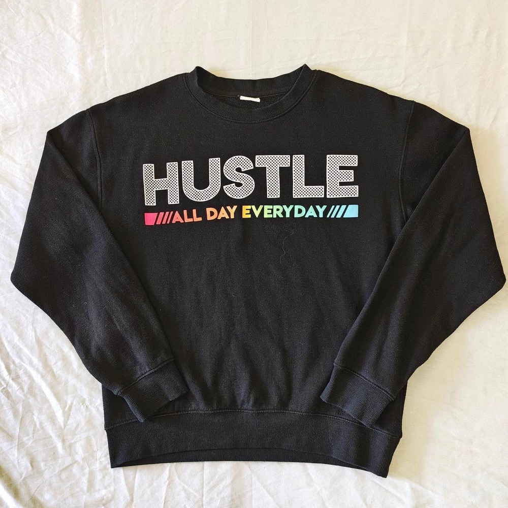 Streetwear Society "HUSTLE" Graphic Black Crewneck Sweatshirt Small Y2K Skater